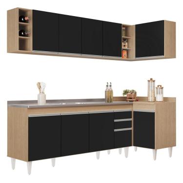 Imagem de Armário De Cozinha Modulado De Canto Esquerdo 5 Peças Cp54 Com Pia Inox Castanho/preto - Lumil