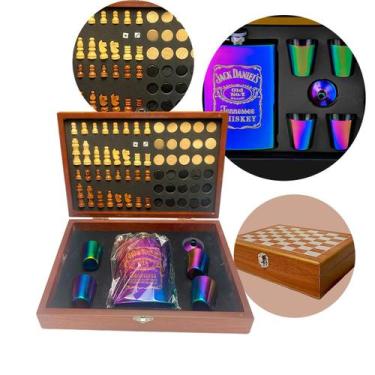 Imagem de Kit Jogo de Xadrez e Dama com Cantil Inox - Nilo-imports