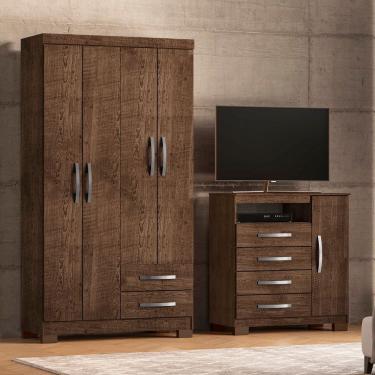 Imagem de Guarda-Roupa Solteiro 4 Portas 2 Gavetas e Cômoda Sapateira Itapema Malbec