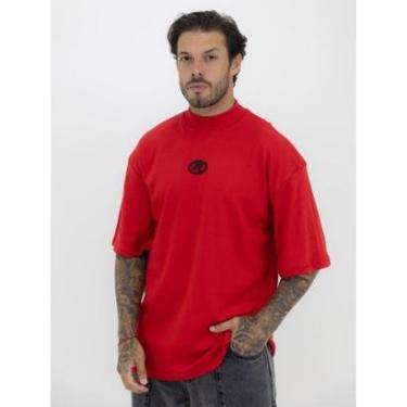 Imagem de Camiseta Oversized Gola Alta Círculo Black Streetwear Camisa Algodão Premium Vermelho-Masculino