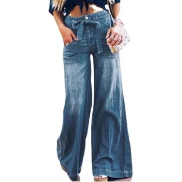 Imagem de Calça feminina casual folgada palazzo calça jeans cintura alta perna larga, azul, 4XL