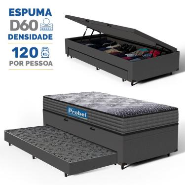 Imagem de Cama Box Baú com Colchão de Espuma D60 Double Face Guarda Costas Comfort Force Probel + Auxiliar Solteiro 88cm
