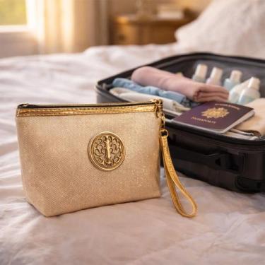 Imagem de Necessaire Feminina Chique Organizadora Viagem Maquiagem Cor Dourado E