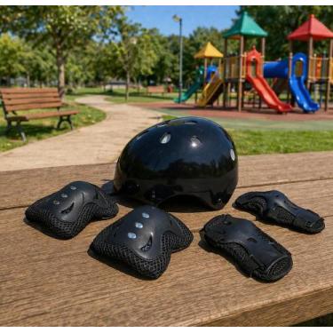 Imagem de Kit Proteção e capacete Infantil Completo 7 peças - Preta - Unitoys
