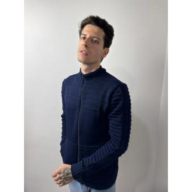 Imagem de Jaqueta Masculina Com Zíper Trico Blusa De Frio Listra Cor:Azul Marinh