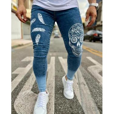 Imagem de Calça Jeans Masculina Super Skinny com Lycra Estampa Caveira Branca - 