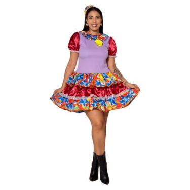Imagem de Vestido Junino Rodado Caipira Adulto Vestido Festa Junina Flor Babado 