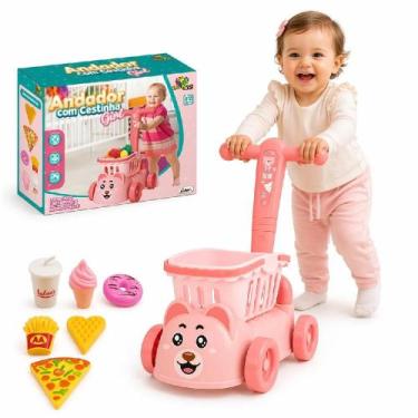 Imagem de Andador Infantil 2 1 Empurrador Cestinha Mini Mercado Rosa - Art Brink