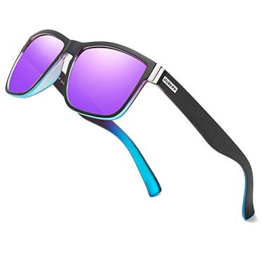 Imagem de DUBERY Óculos de sol vintage polarizados para homens e mulheres óculos de sol quadrados retrô D518, Armação roxa e azul/lente espelhada roxa, Normal