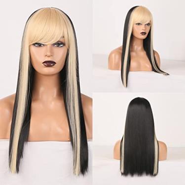 Imagem de Perucas femininas sintéticas afro crespo cor laranja ondulado natural peruca longa para mulheres negras e brancas cabelo de fibra de alta temperatura perucas de cabelo humano (cor: franja de ouro preto, comprimento esticado: 50 cm)