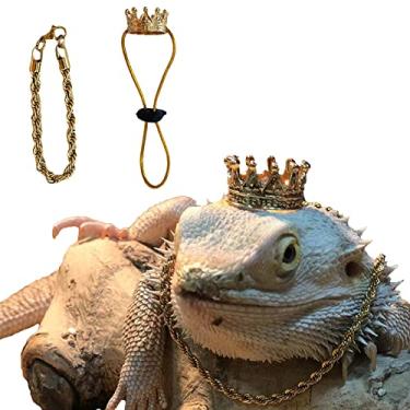 Imagem de SEIS 2 peças, coroa de dragão e colar de lagarto de metal, roupa de Halloween para animais pequenos para anfíbios camaleão lagartixa anólios Iguana (ouro)