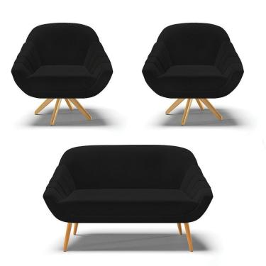Imagem de Kit 1 Namoradeira E 2 Poltronas Giratória Linho Preto A79