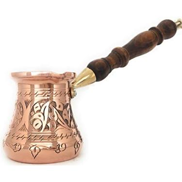 Imagem de The Silk Road Trade – Série PC – Panela de café árabe grega de cobre sólido mais espesso, fundo martelado com alça de madeira, máquina de café de fogão Jazzve Cezve Ibrik, Cobre, Small