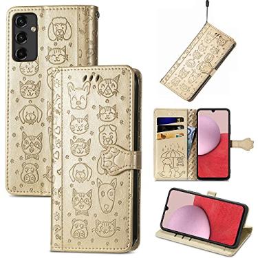 Imagem de Capas de telefone com slots de cartão de luxo Samsung Galaxy A14 A 14 5G capas de telefone gatos e cães fofos à prova de choque clipe de carteira para celular Samsung A14 5G capas (ouro, Samsung A14 5G)