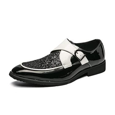 Imagem de Sapatos Oxford formais para homens Slip On Monk Strap Avental Toe Shoes Brilhantes Couro PU Antiderrapante Salto Bloco Baixo Topo Trabalho (Color : Black, Size : 39 EU)