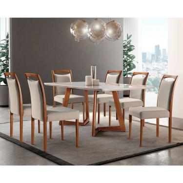 Imagem de Conjunto de Mesa de Jantar com 6 Cadeiras Lívia Linho Off White e Turim 180 cm