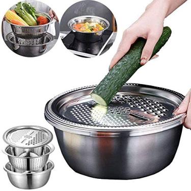 Imagem de cesto de drenagem de aço inoxidável cortador de legumes, cozinha 3 em 1 ralador de juliana multiuso - tigela de saladeira