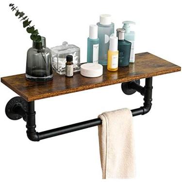 Imagem de Prateleiras Montadas Na Parede Do Banheiro Com Tubo Industrial Com Porta-toalha, Prateleira De Madeira Rústica Com Barra De Toalha, Prateleiras Flutuantes Para Tubo,Estilo De Prateleira De 1 Nível