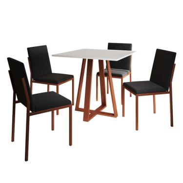 Imagem de conjunto de mesa de jantar com tampo branco e 4 cadeiras mônaco veludo preto e cobre