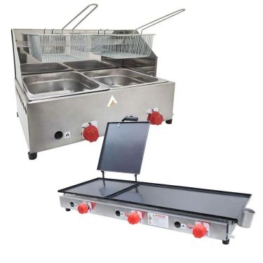 Imagem de Kit Lanchonete Chapa 90cm Com Prensa E Fritadeira Profissional 2 Cubas Alcamar