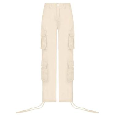 Imagem de Calças de moda feminina multi bolso calças de carga calças casuais com bolsos solto ajuste botão para baixo calças perna larga calças de cintura alta (Bege, M)