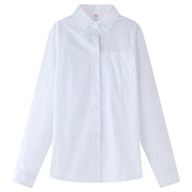 Imagem de Camisa de algodão de manga comprida camisas para meninos tops desgaste botão chlidren formal meninas blusa branca meninos crianças bebê curto, Branco, 14-15 Years