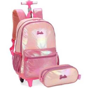 Imagem de Mochila de Rodinhas Estojo Barbie Rosa Holográfico e Glitter
