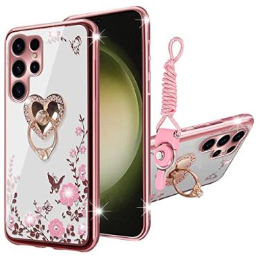Imagem de KuDiNi Capa para Samsung Galaxy S23 Ultra, capa para celular S23 Ultra de 6,8 polegadas para mulheres com glitter cristal bling borboleta coração floral capa protetora transparente com suporte + alça