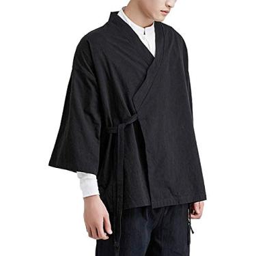 Imagem de Men's Chinese Hanfu Style Cardigan Wrap Loose Kimono Jacket 3/4 Sleeve Casual Shirt Lightweight Wing Chun Kung Fu Clothes Top (01-Black, M)