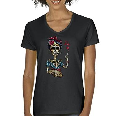 Imagem de Camiseta feminina Frida Kahlo Sugar Skull gola V Calavera Day of The Dead, Preto, G