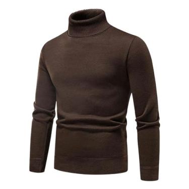 Imagem de Aoleaky Suéter masculino de gola rolê sólido outono inverno slim fit pulôver masculino gola rolê suéter de tricô, Café, X-Large