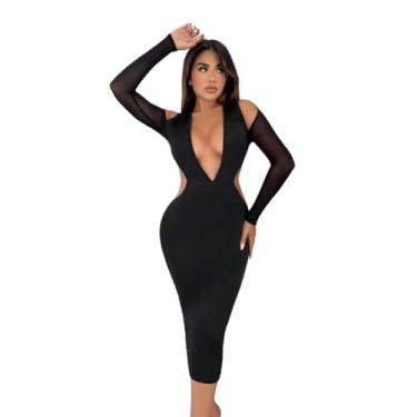 Imagem de Camisa Feminina Plunging Neck Cut Out Contrast Mesh Bodycon Dress (Color : Black, Size : M)