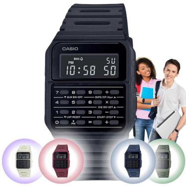 Imagem de Relógio de Pulso Casio Masculino Feminino Unissex Quardrado Retro Vintage Calculadora Digital Azul Vermelho Branco Preto e Verde CA-53WF