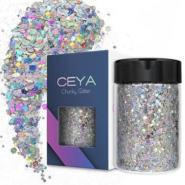 Imagem de Ceya Glitter grosso holográfico, 100 g de prata com glitter em pó misto de flocos finos iridescentes para arte de unhas, cabelo, resina epóxi, copos, geleca, pintura, decoração de festivais