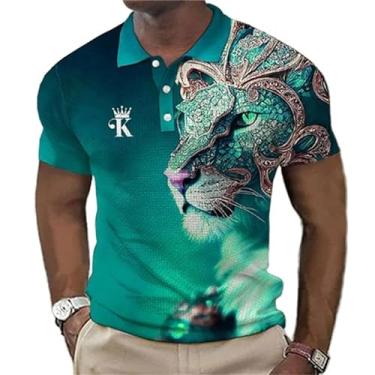 Imagem de Camisa polo masculina de manga curta com estampa de leão animal e design elegante de botão, Zphq65987, 4G