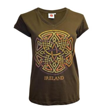 Imagem de Traditional Craft Camiseta feminina cáqui com gola V celta manga curta 100% algodão Irlanda, Caqui, G