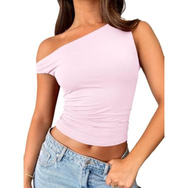 Imagem de Trendy Queen Camisetas femininas com ombros de fora, sem mangas, regatas cropped justas Y2K, roupas de verão 2024, rosa, GG