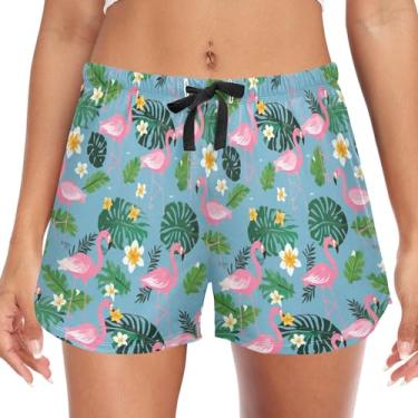 Imagem de CHIFIGNO Short feminino de pijama com bolsos, calça de pijama confortável para o verão, P-2GG, Flamingos rosa e folhas verdes, GG