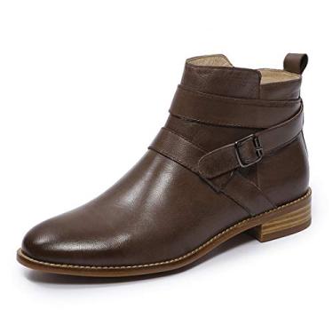 Imagem de Mona flying Botas femininas de couro com cadarço oxfords brogue, cano alto, vintage, amarrar, botas femininas de salto baixo, Café, 38