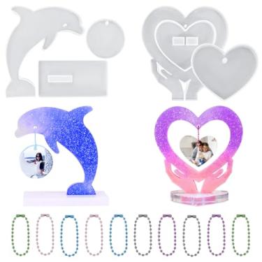 Imagem de HyzaPhix 2 peças molde de resina de coração golfinho molde de silicone moldura epóxi molde de fundição para bricolage moldura personalizada artesanato mesa decoração de casa (coração + dolfinho)