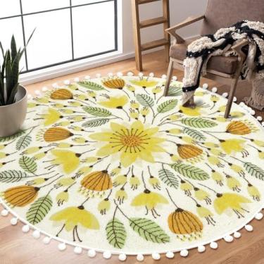 Imagem de Uphome Tapete redondo floral com pompons e franjas, lavável, antiderrapante, macio, amarelo, 122 cm Round (4' Round)