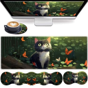 Imagem de Combo de mouse pad 4 em 1, mouse pad grande para jogos + suporte de pulso para teclado + descanso de pulso para mouse + porta-copos, tapete de mesa com borda costurada, conjunto ergonômico de almofada