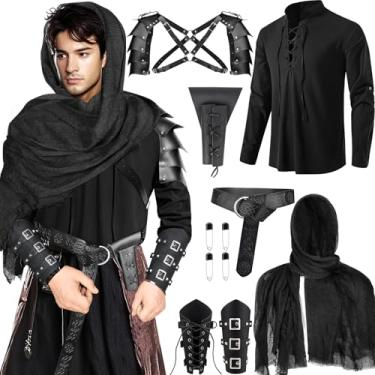 Imagem de Fasouna Conjunto de fantasia masculina renascentista medieval, camisa de pirata viking, cinto de armadura de ombro, bolsa de espada para cosplay de Halloween, Preto, G
