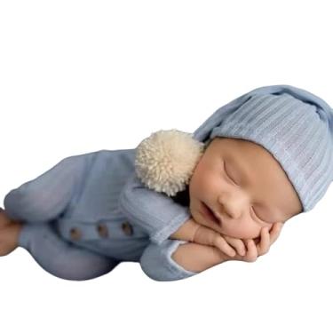Imagem de Adereços de sessão de fotos para bebês recém-nascidos, meninas, meninos, crochê, fantasia, listras, chapéu, calça, macacão, adereços de fotografia, Azul bebê, 0-3 Meses