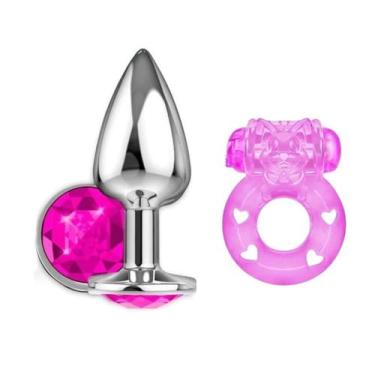 Imagem de Kit Plug Anal Dilatador com Jóia + Anel Peniano Estimulador Clitóris -