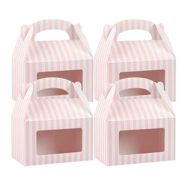Imagem de Bio Tek Caixas de empena de 15 x 8,5 x 16,5 cm para lembrancinhas de festa, 100 caixas de presente duráveis - padrão listrado, caixas de celeiro de papel rosa e branco, janela PET transparente, com