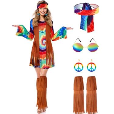 Imagem de SATINIOR Conjunto de fantasia hippie dos anos 70, 60, acessórios para Halloween, vestido de discoteca para festa de carnaval, Tie Dye colorido, Adult Size (large)