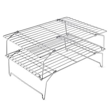 Imagem de Leonyo Rack de cozimento de 2 camadas empilháveis de arame de aço inoxidável conjunto para biscoitos, pizza, xícara de bolo, pés levantados e dobráveis, seguro para forno e lava-louças, resistente à