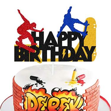 Imagem de Skateboard Cake Topper Happy Birthday Sign Cake Decorations for Skateboarding Sport Movement Themed Kids Boy Girl Birthday Party Supplies Glitter Black Decor