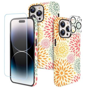 Imagem de LOQUPE Projetada para iPhone 14 Pro Max de 6,7 polegadas - Capa híbrida de policarbonato + TPU resistente, leve, fina, à prova de choque, capa protetora para mulheres, linda flor impressa colorida